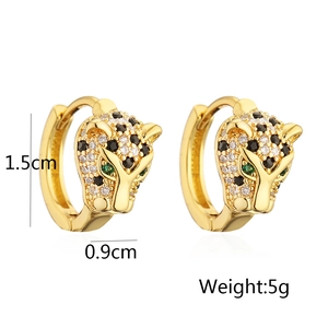 Detail view of gold-plated leopard hoop earrings with dimensions and weight info