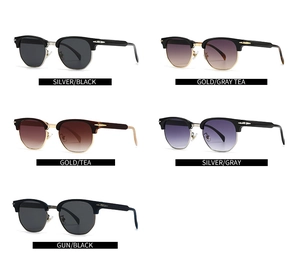 Vertical view of five square half-frame sunglasses in silver, gold and gunmetal finishes