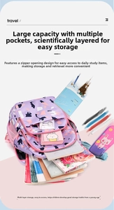 Detailed view showing multi-layer storage capacity of purple floral school backpack
