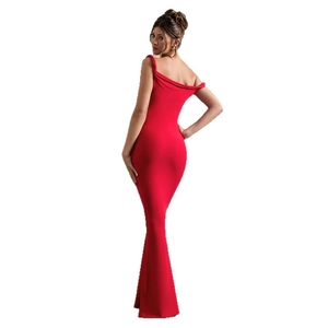 Elegant red off-shoulder slim fit fishtail evening maxi dress for formal occasions
