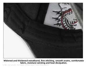 Detailed macro view showing internal stitching, widened sweatband, and embroidery on a baseball cap
