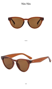 Front and side view of cat-eye sunglasses with amber frames and brown lenses