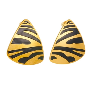 Gold-plated triangle stainless steel earrings with black zebra pattern on white background