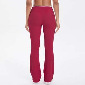 Close-up back view of high waist flared yoga pants with white contrast waistband details