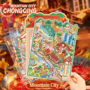 Miniature City Landscape Stickers PET Waterproof 3D DIY Scrapbooking Journaling Decoration For Students Journal Lovers
