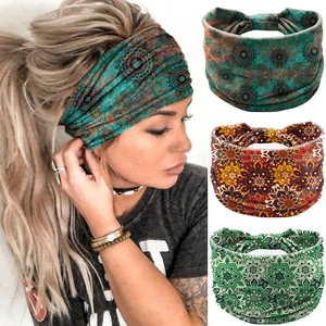 Wide Headband Elastic Fabric Bohemian Mandala Print Ethnic Style For Women Sport Yoga Hair Accessories