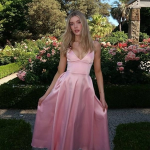 Vestito Lungo In Raso Sexy Scollo A V Schiena Scoperta Senza Maniche Linea A Abito Da Sera Rosa Spalline Regolabili Donna