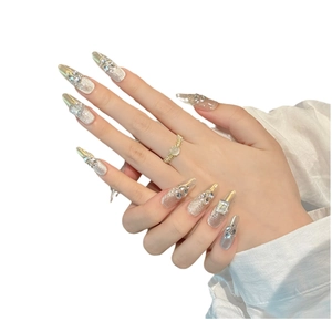 Handmade aurora glitter press-on nails with silver French tip and luxury rhinestones