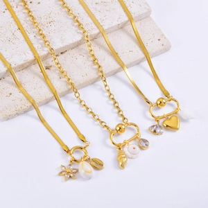 Stainless Steel Shell Zirconia Heart Pendant Necklace New Chinese Style Conch Artificial Pearl Choker For Women Jewelry