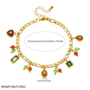 Detailed view of colorful zircon beads on a gold stainless steel chain with size labels