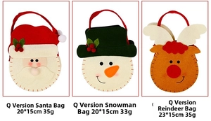 Detailed size and weight specs for Santa, Snowman and Reindeer felt Christmas gift bags