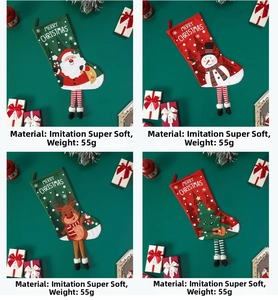 Set of 4 soft Christmas stockings with Santa, snowman, deer designs and striped legs
