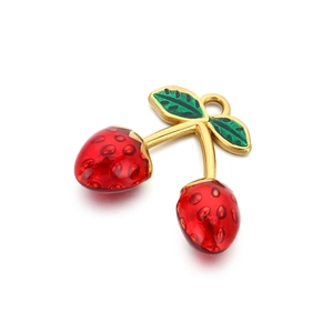 Polished stainless steel cherry pendant with red resin fruit and green enamel leaf