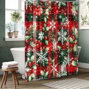 Rideau de douche de Noël détaillé avec motifs floraux rouges sur fond à carreaux verts