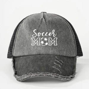 Detail of distressed grey fabric and Soccer MOM print on breathable trucker mesh hat