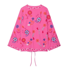 Pink women's long sleeve top with floral embroidery and adjustable drawstring hemline