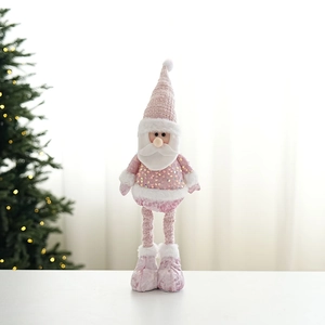 Pink sequined Santa Claus plush decoration with long legs on a festive background