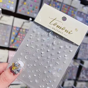 5D embossed nail art stickers with silver moon and star designs for Japanese manicure