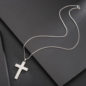 Sparkling silver cross pendant necklace with full diamond inlay on a sturdy box chain