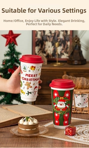 Close-up of festive Christmas coffee cups with red lids and Santa snowman illustrations
