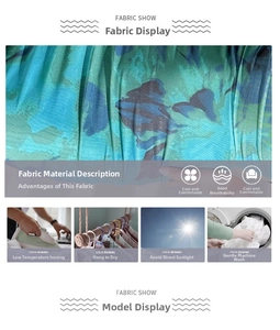 Macro fabric view of floral summer dress with cooling breathable textile icons