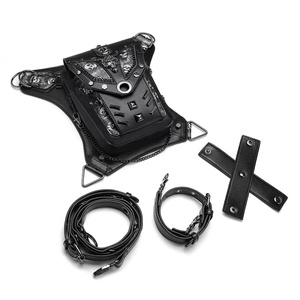 Gothic punk black leather waist bag with skull rivet and metal chain on white background