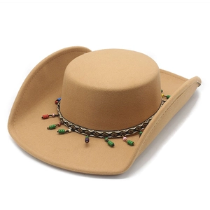 Chic camel wool felt wide brim hat with ethnic beaded band and fringe detail