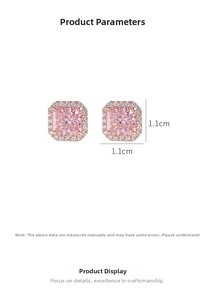 Detail of pink square zircon halo stud earrings in rose gold finish with 1.1cm dimensions