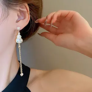 Elegant Chinese style gourd earrings with white pearl tassels and floral enamel details
