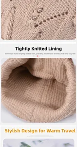 Detailed close-up of khaki knit hat with faux pearl accents and thick warm lining