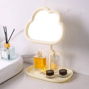 Creamy cloud-shaped rotating makeup mirror with star hook and storage base tray