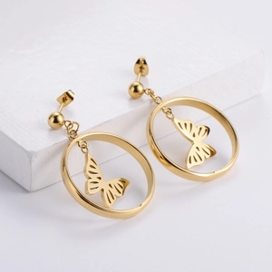 Elegant gold hollow butterfly earrings with minimalist round frame and titanium steel plating