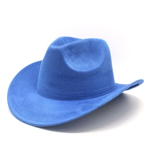 Close-up of royal blue suede cowboy hat showing textured fabric and brim stitching