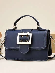 Retro navy blue PU leather crossbody bag with gold metal buckle and contrast stitching