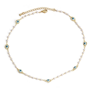 Detail of beaded evil eye necklace with white pearls and adjustable gold clasp