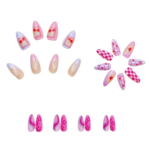Almond press-on nails with heart, cherry, and checkered patterns in pink and purple colors