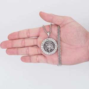 Nordic Viking wolf head pendant necklace with rune circle on popcorn chain