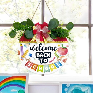 Round wooden Welcome Back to School door sign with colorful pencils and festive bow