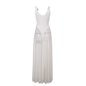 Detailed view of the layered white sheer mesh skirt with elegant sleeveless bodysuit