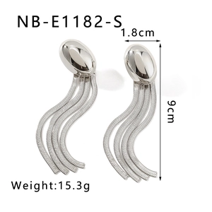 Silver fringe earrings with oval stud and snake chain tassels measuring 9cm long and 1.8cm wide