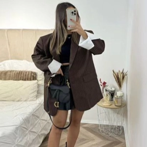 Women's Oversized Pinstripe Blazer Polyester British Style Casual Long Sleeve Suit Jacket Contrast White Cuffs