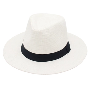 Classic creamy white Panama straw hat with black ribbon band shown at 45-degree angle