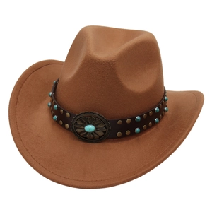 Close-up of brown felt cowboy hat with leather band, turquoise beads and vintage metal buckle