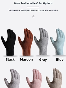 Detailed view of winter thermal knit gloves in various colors with ribbed elastic cuffs