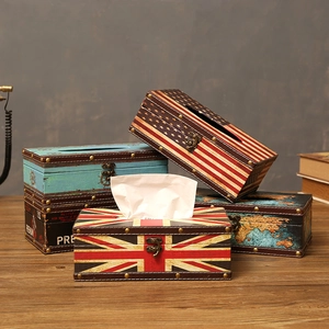 Vintage rectangular tissue box with British flag and nautical maps featuring bronze metal clasp