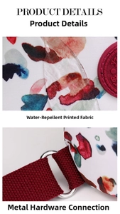 Detail of waterproof nylon floral print fabric with durable metal ring hardware connection
