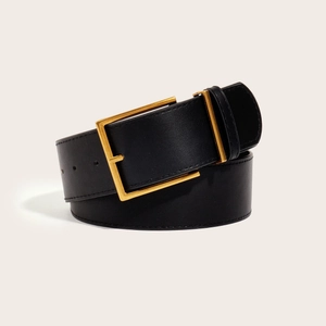 Vintage black leather wide belt for women with elegant gold rectangular metal buckle