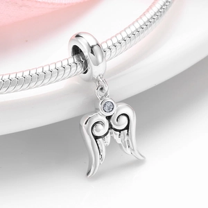 S925 sterling silver angel wing charm with zircon on a classic snake chain bracelet
