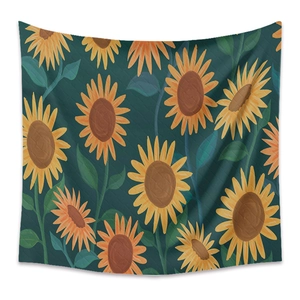 Detail of sunflower tapestry featuring vibrant yellow petals on a deep green fabric