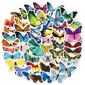 Macro detail of colorful waterproof butterfly stickers for water bottles and laptops